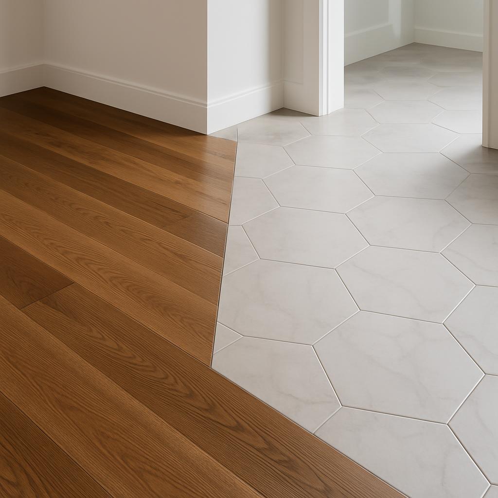 Large white tiled flooring, juxtaposed with wood flooring, suggests that the stones depicted had a particular design, poss...