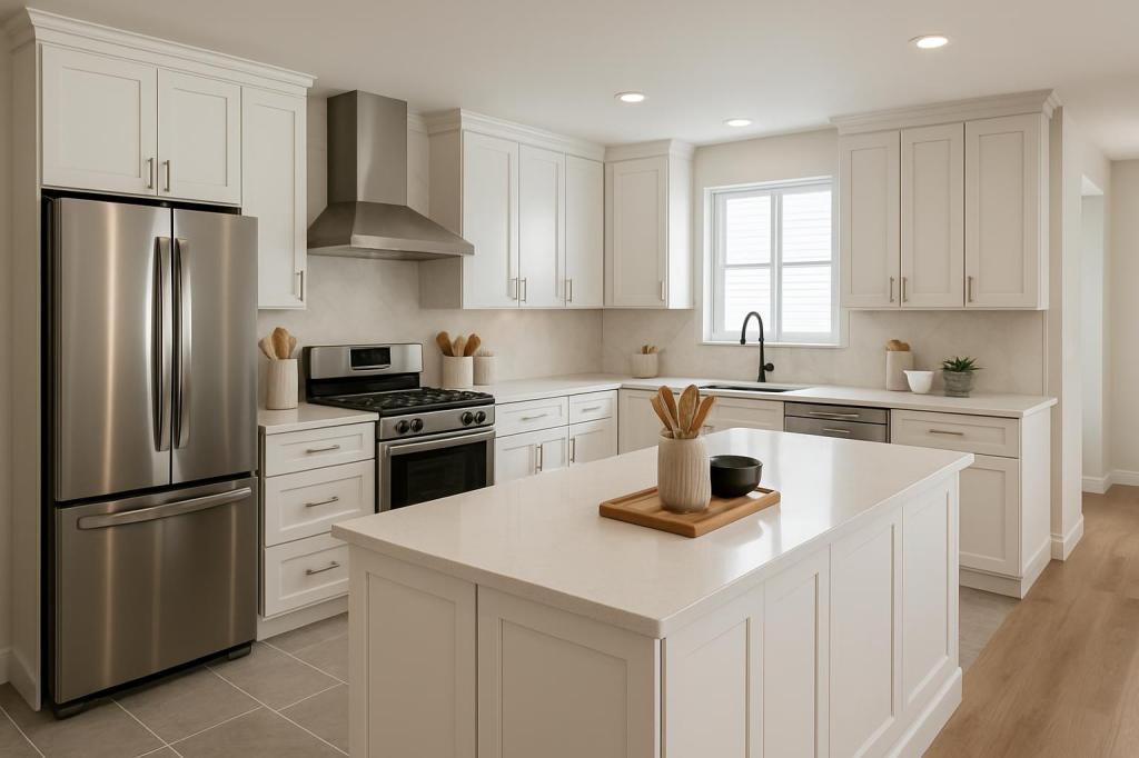 A modern white kitchen with stainless steel appliances and wooden accents, featuring a central island with utensils and a ...