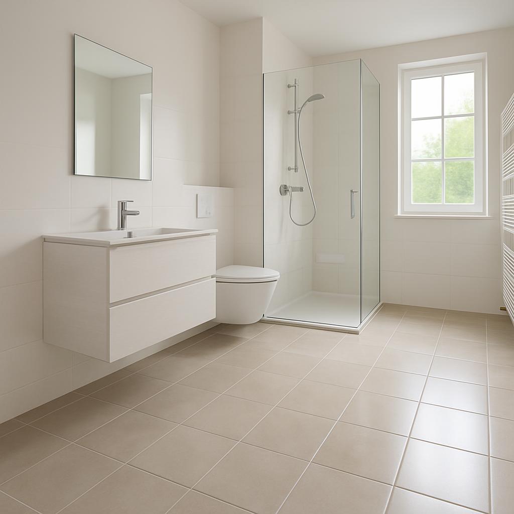 A modern contemporary bathroom with an accent wall featuring a large window, minimalist floating vanity, and a rain shower...