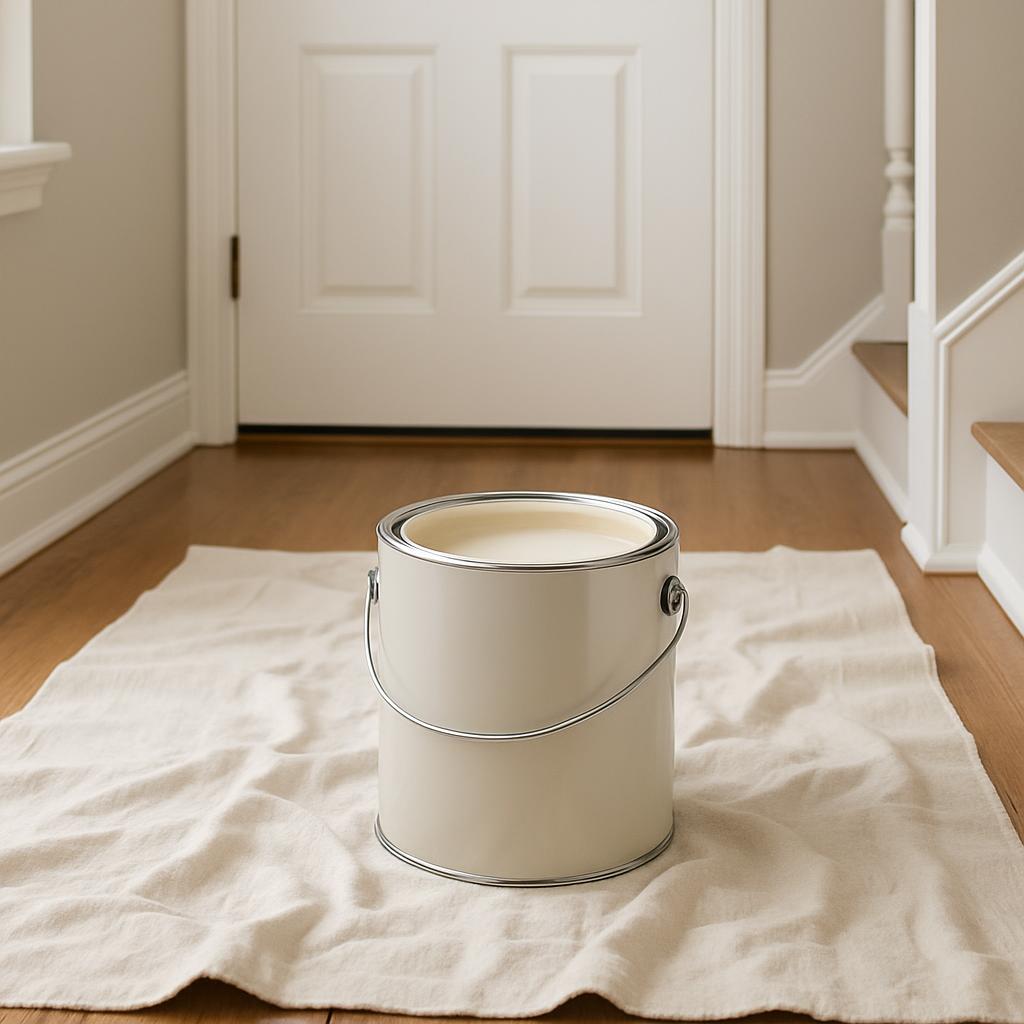 A white metal paint can half-full of white paint sits on a white dropp cloth on a wood floor, with a white door behind it....