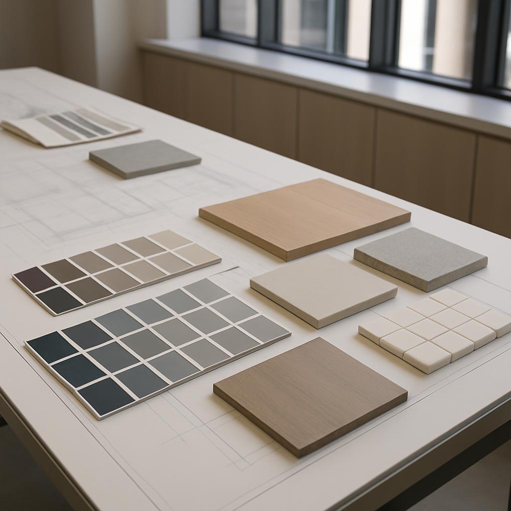 desks with various shades of wood grains, tile serieses, and paint swatches.